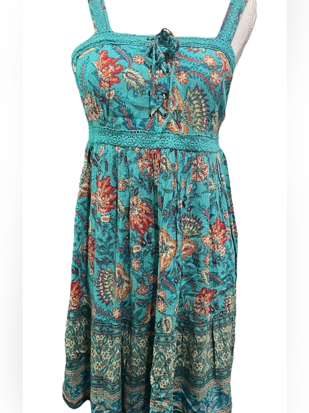 Maurices Turquoise Floral Lace-Up Midi Dress
